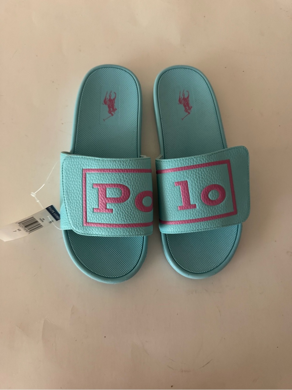 Polo Ralph Lauren Aqua Slide Sandals with Pink Logo. Size: 7